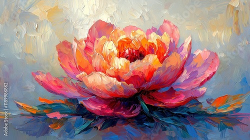 Vibrant pink peony flower oil painting, textured brushstrokes, artistic floral artwork.