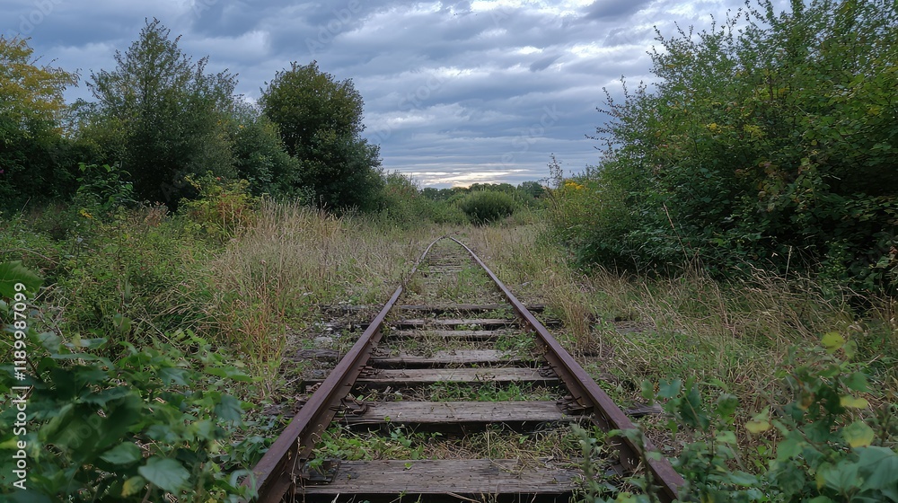 Fototapeta premium Abandoned Railway Track Surrounded by Overgrown Vegetation