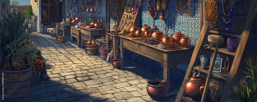Obraz premium Sunlit alleyway market; copper pots, spices, and herbs; cobblestone street; background building