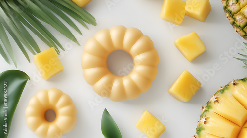 A delicious-looking pineapple-flavored donut sits among fresh pineapple chunks and tropical leaves on a white background.  Perfect for summery themes and healthy food concepts. photo