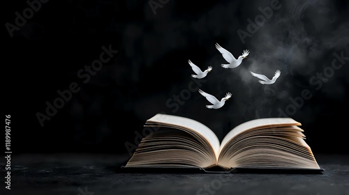 Open book, doves flying from pages, dark background, mystical, knowledge concept