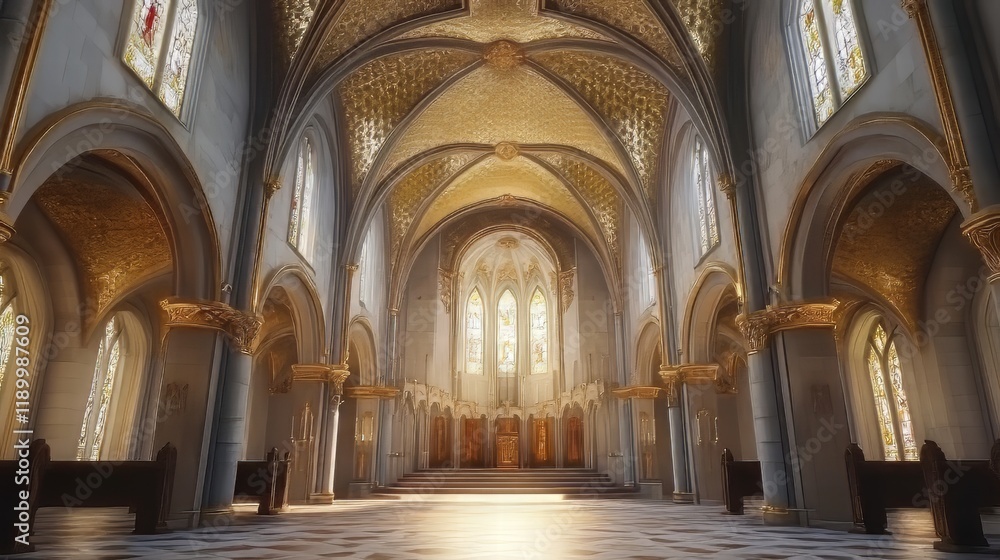Fototapeta premium Grand Cathedral Interior, Golden Hues