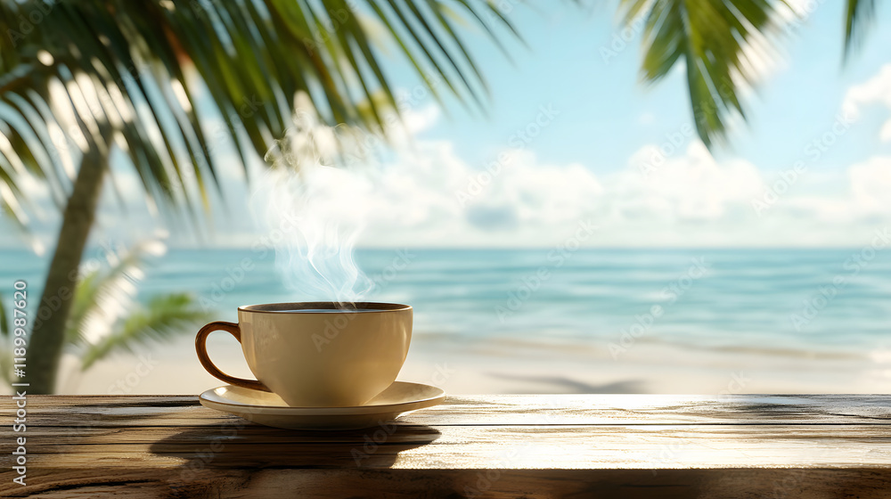 Front view of steaming coffee cup on rustic wooden counter with scenic beach background, featuring clear sea water and coconut tree for tranquil and relaxing tropical morning setting Front view of steaming coffee cup on rustic wooden counter with scenic beach background, featuring clear sea water and coconut tree for tranquil and relaxing tropical morning setting