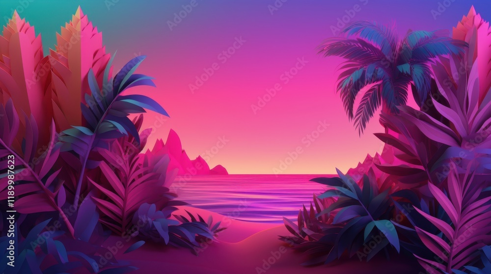 Obraz premium Vibrant Neon Sunset Tropical Beach Paradise: A Surreal Digital Artwork of Pink and Purple Palms, Ocean, and Mountains