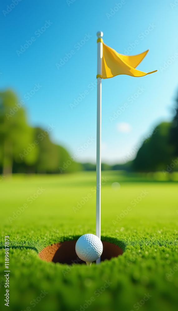 Obraz premium Yellow Golf Flagstick with Golf Ball Close-Up