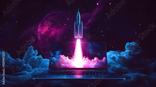 Space rocket launch visual from a laptop screen, generated by AI photo