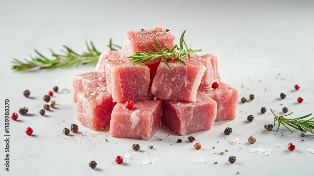 Meat cubes with rosemary spice in white background food videography. Meat cubes with rosemary spice in white background food videography.