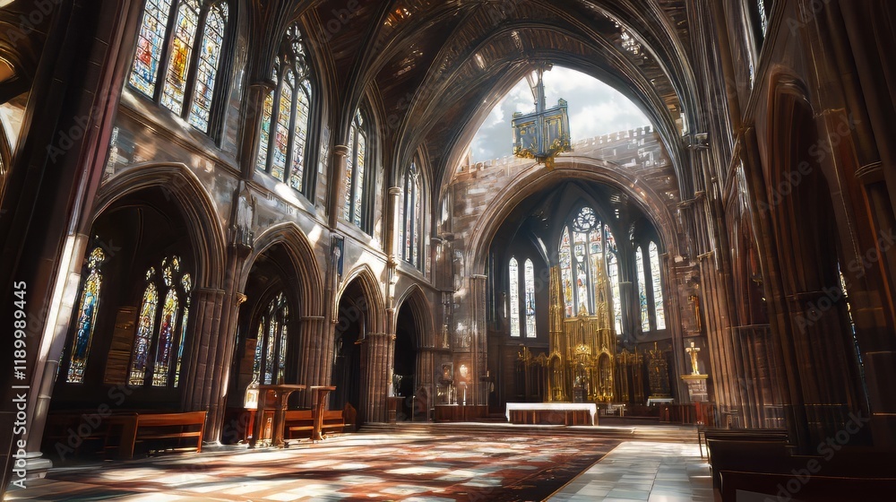 Sunlight streams into grand church Sunlight streams into grand church