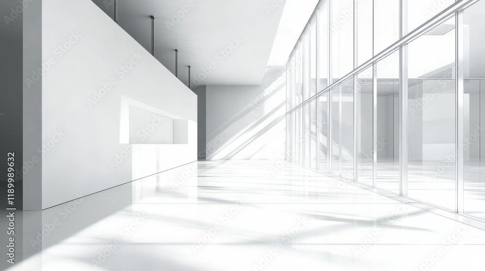 Modern interior of an empty white hall with glass walls, light shadows, and reflections on the floor, minimalist design Modern interior of an empty white hall with glass walls, light shadows, and reflections on the floor, minimalist design