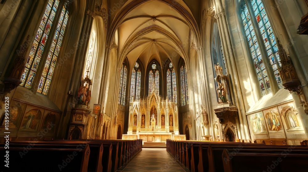 Fototapeta premium Sunlit church interior, peaceful scene