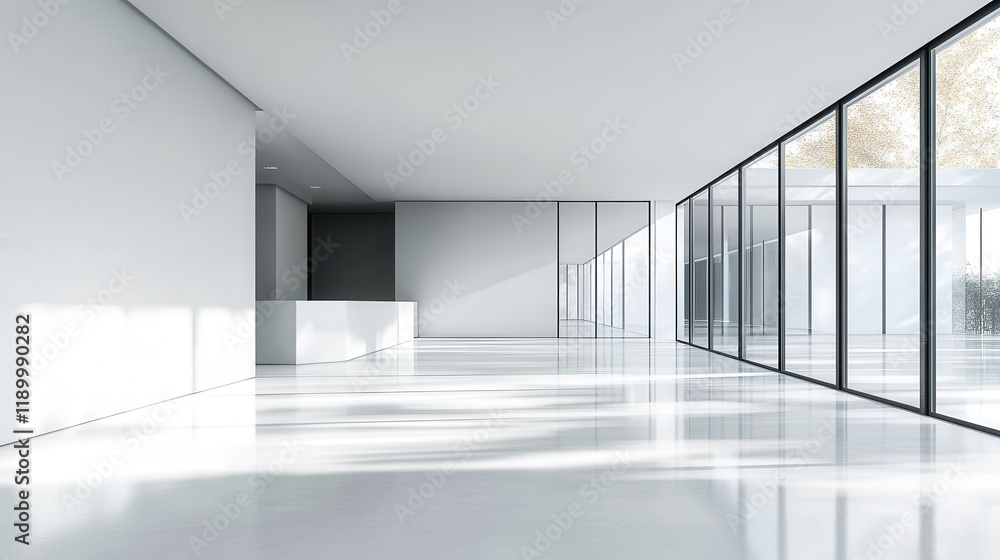 Modern interior of an empty white hall with glass walls, light shadows, and reflections on the floor, minimalist design Modern interior of an empty white hall with glass walls, light shadows, and reflections on the floor, minimalist design