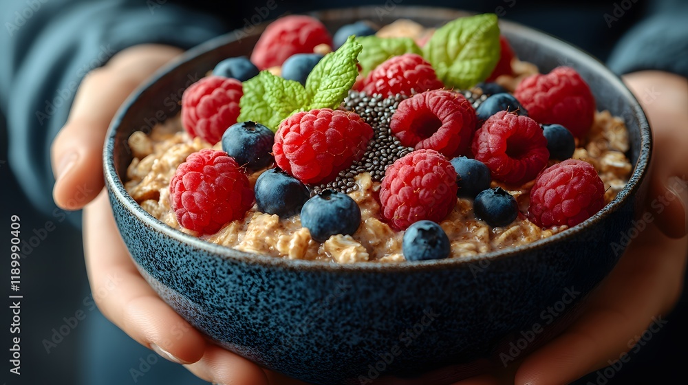 Closeup of a hands holding a bowl of oatmeal topped with fresh raspberries blueberries and chia seeds Closeup of a hands holding a bowl of oatmeal topped with fresh raspberries blueberries and chia seeds