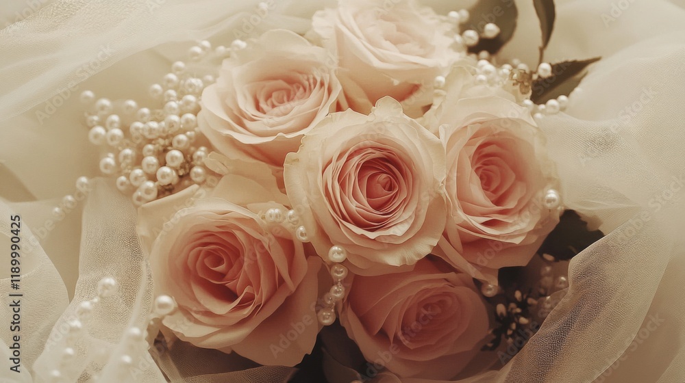 Obraz premium Elegant Peach Roses Bouquet Adorned With Pearls