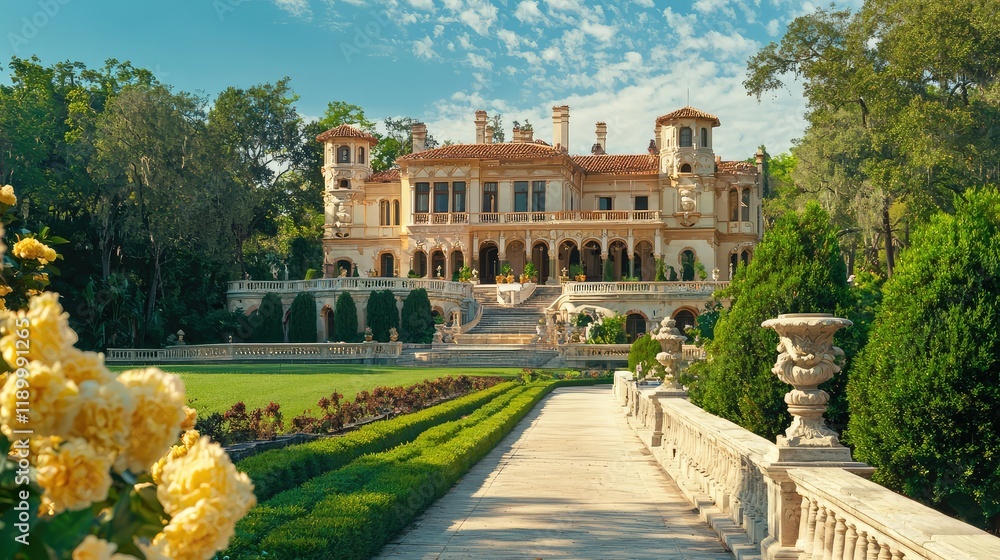 Obraz premium Grand Historic Mansion Surrounded by Lush Gardens and Blue Sky