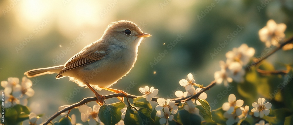 Bird perched on blooming branch, sunrise Bird perched on blooming branch, sunrise