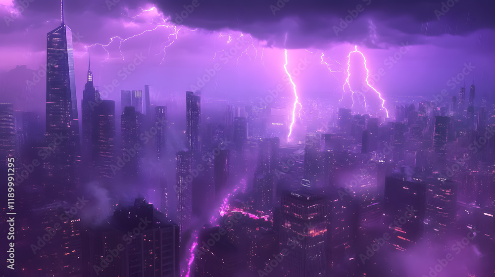 Obraz premium A lightning storm casting a purple light over a city.