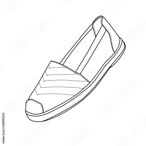 Women's Slip On Shoe Espadrilles Style line art, Technical sketch hand drawing outline vector doodle side isometric view isolated on white background for coloring page