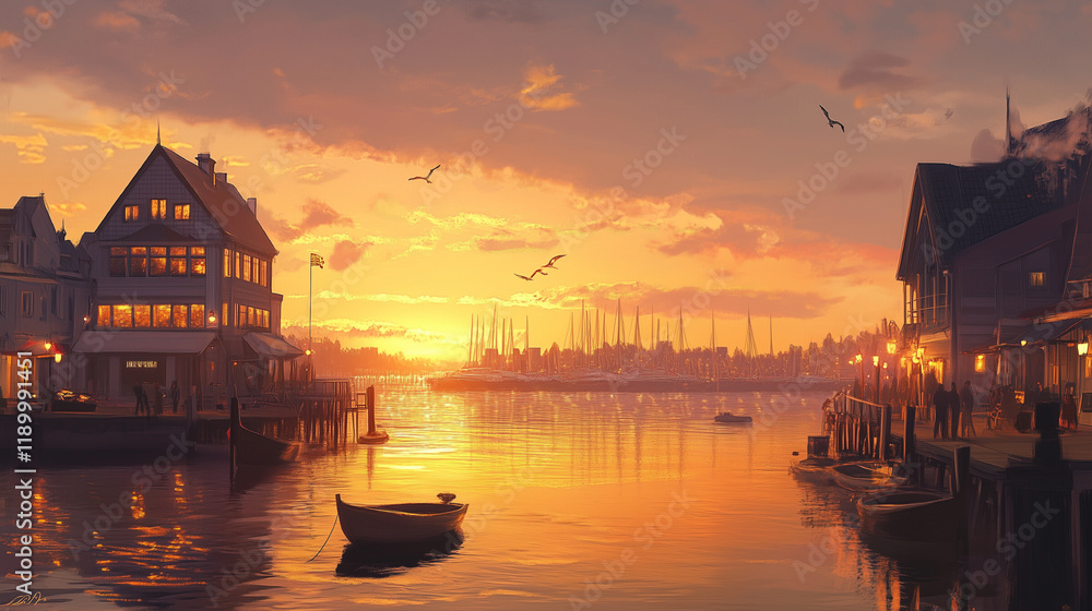 Fototapeta premium 夕焼けに染まる港の街並み｜ボートと暖かな灯りが映えるロマンチックな風景