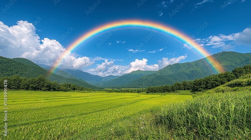 Vibrant rainbow arches over lush green valley and mountain range under a bright blue sky. Vibrant rainbow arches over lush green valley and mountain range under a bright blue sky.