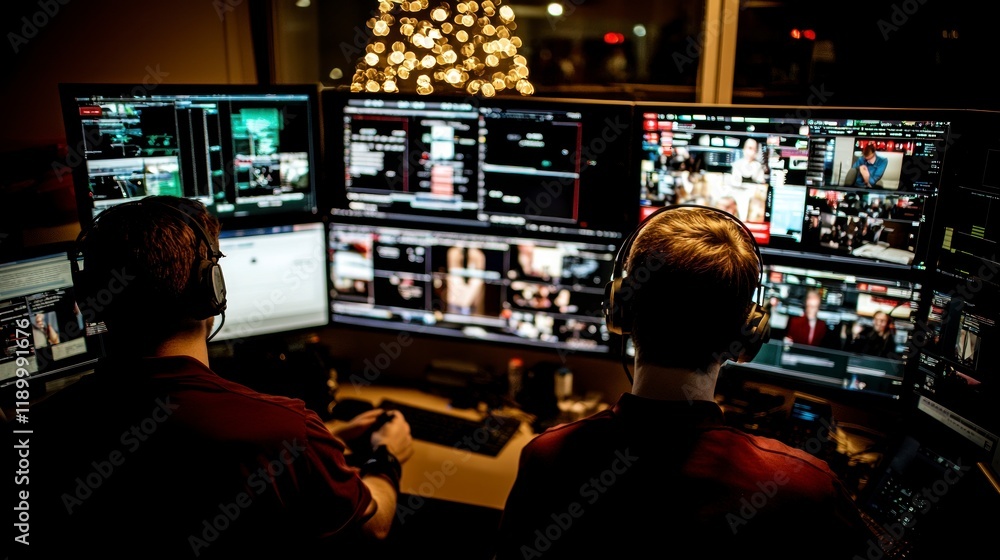 Naklejka premium Newsroom Broadcast Technicians Monitoring Multiple Screens