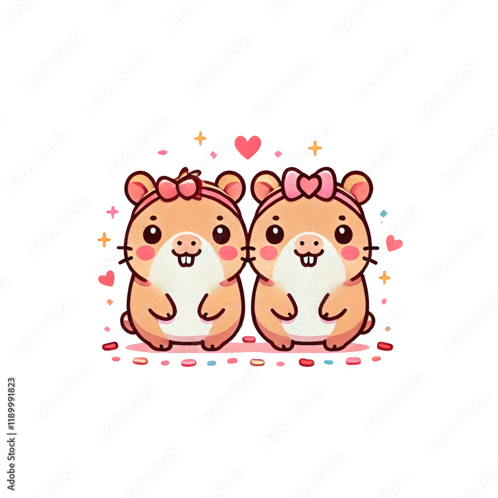 Fototapeta premium Two cute cartoon hamsters with bows, smiling happily, surrounded by hearts and sparkles.