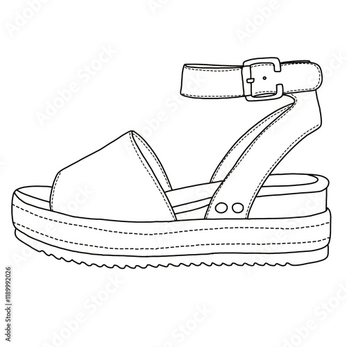Women's Open Toe Buckle Ankle Strap Espadrilles Platform line art, Technical sketch hand drawing outline vector doodle side view isolated on white background for coloring page