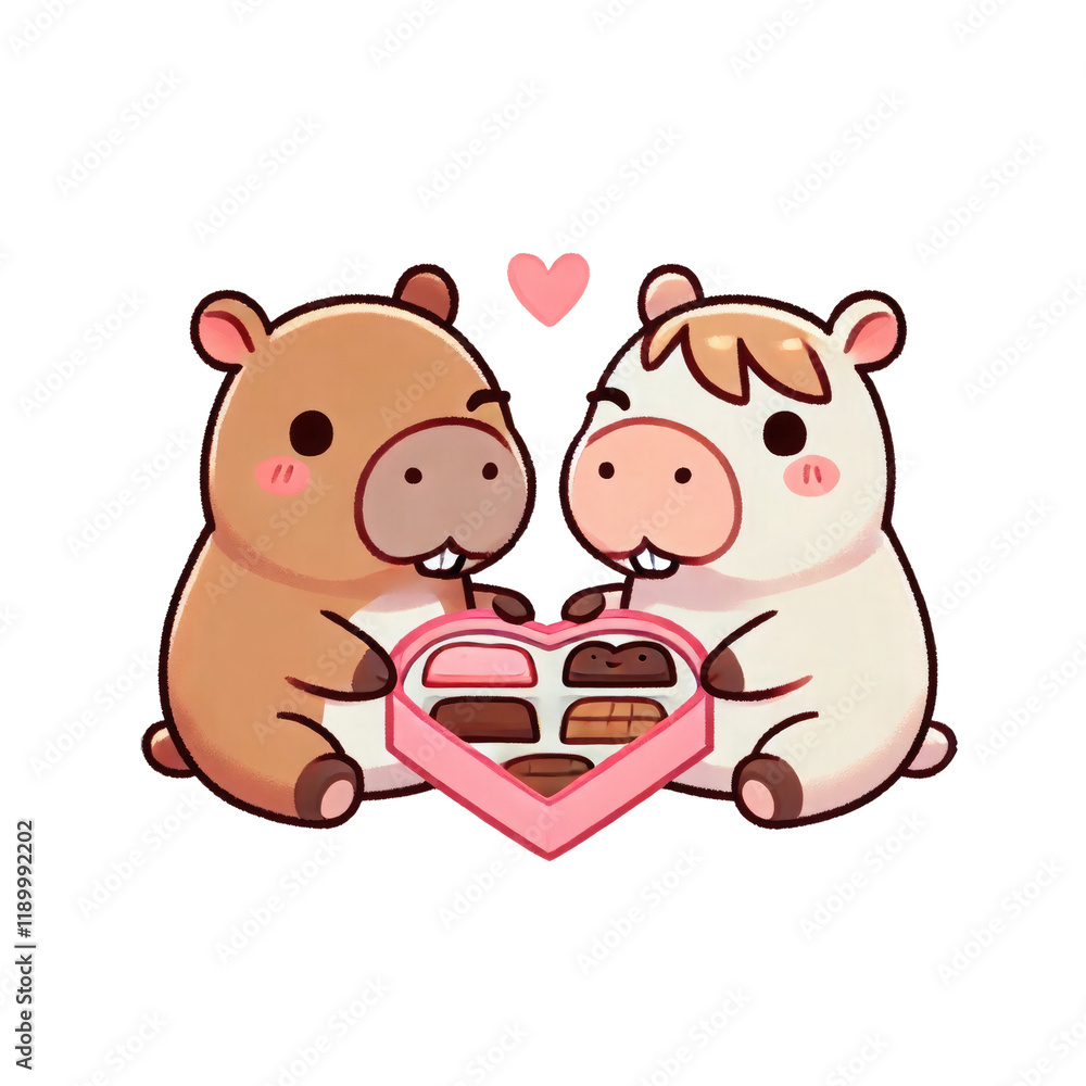Two adorable cartoon animals share a heart-shaped box of chocolates, expressing affection with a heart above them. Two adorable cartoon animals share a heart-shaped box of chocolates, expressing affection with a heart above them.
