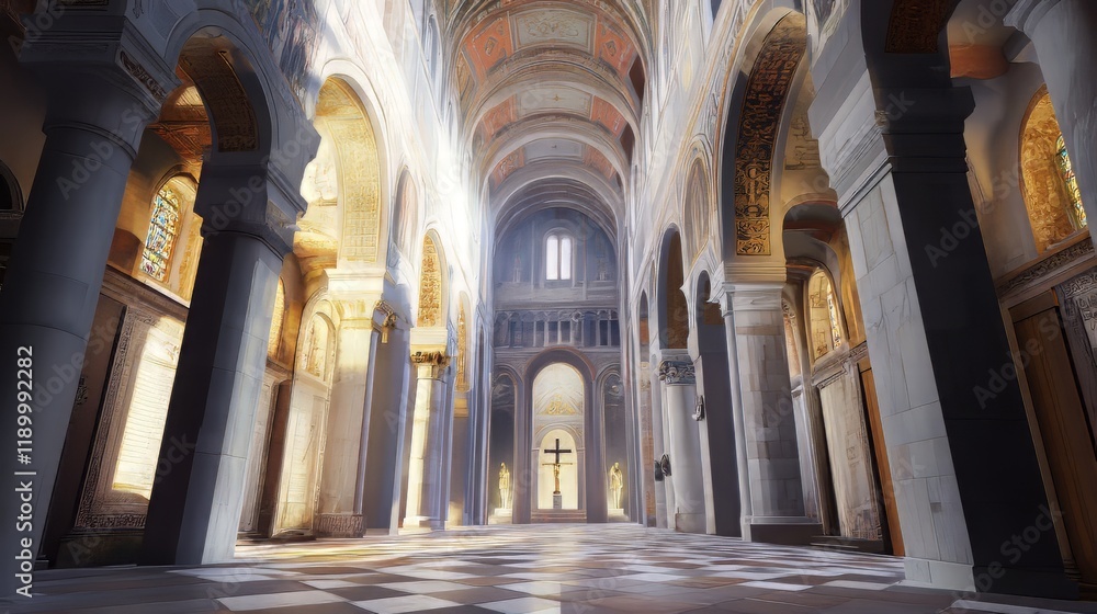 Fototapeta premium Sunlit cathedral interior, serene space