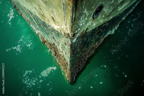 Close-Up View of Barnacle-Covered Boat Hull Surrounded by Calm Turquoise Water Creating a Beautiful Contrast with Textured Marine Growth