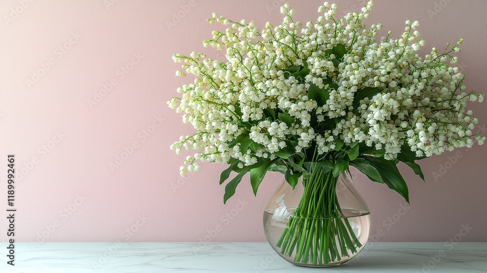 A lush bouquet of lily of the valley flowers in a clear glass vase against a soft pink background. A lush bouquet of lily of the valley flowers in a clear glass vase against a soft pink background.