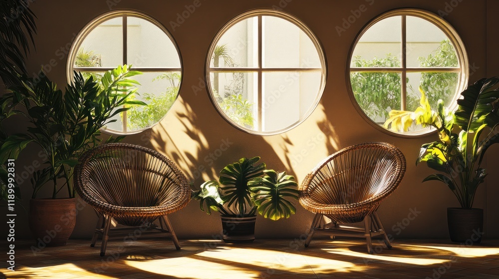Fototapeta premium Relaxing Lounge with Sunlight streaming through circular windows