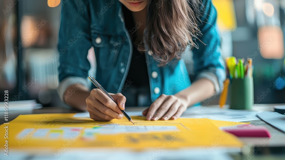 Fototapeta premium Creative Woman Drawing with Pen on Yellow Paper in Bright Workspace