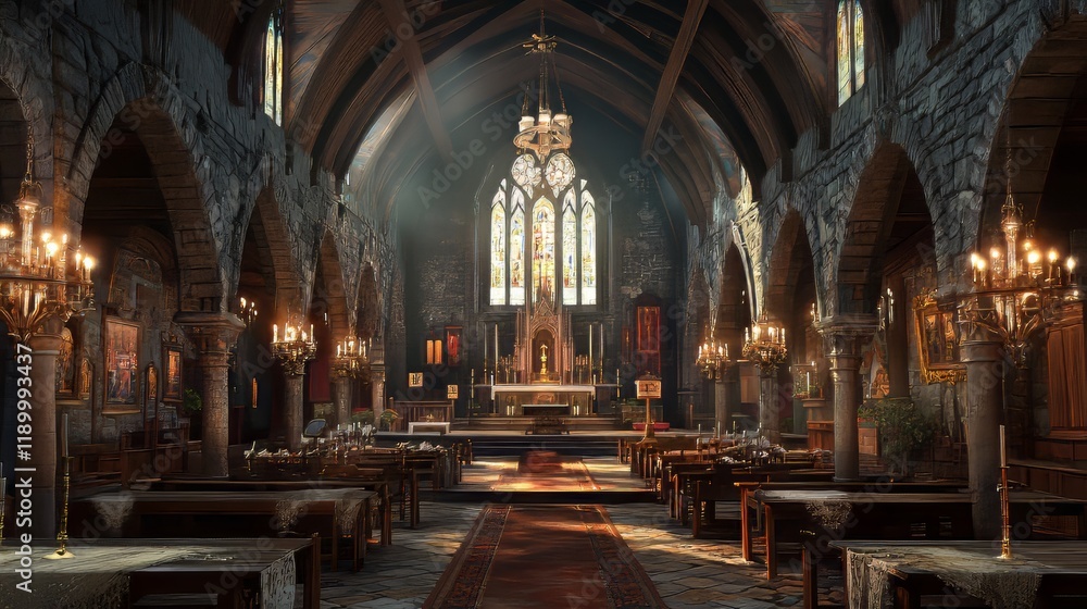 Fototapeta premium Ancient church interior, serene light