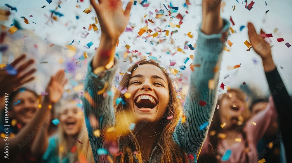 Joyful Celebration with Colorful Confetti and Happy Faces Joyful Celebration with Colorful Confetti and Happy Faces