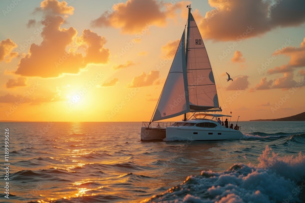 Fototapeta premium Golden Hour on the Horizon - A Serene Sailing Scene.