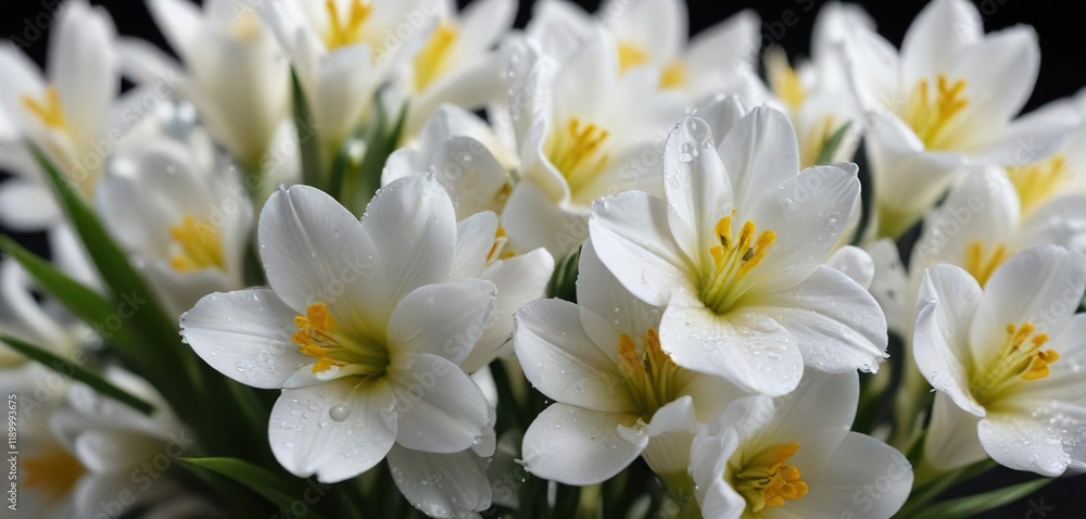 Close-up of white freesia petals with water droplets, macro, wet, rain, fresh Close-up of white freesia petals with water droplets, macro, wet, rain, fresh