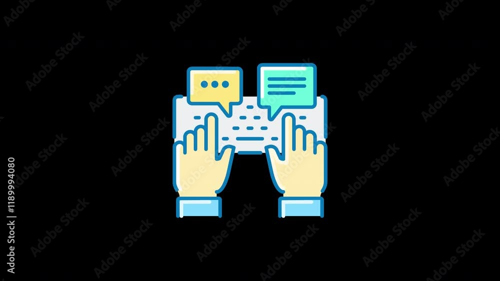 Two hands typing on a keyboard with chat bubbles, in a modern design style. Two hands typing on a keyboard with chat bubbles, in a modern design style.
