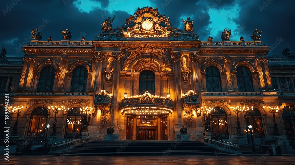 Obraz premium Majestic Historic Theater Building Illuminated at Dusk