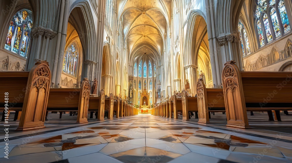 Fototapeta premium Grand cathedral interior, sunlight streams in