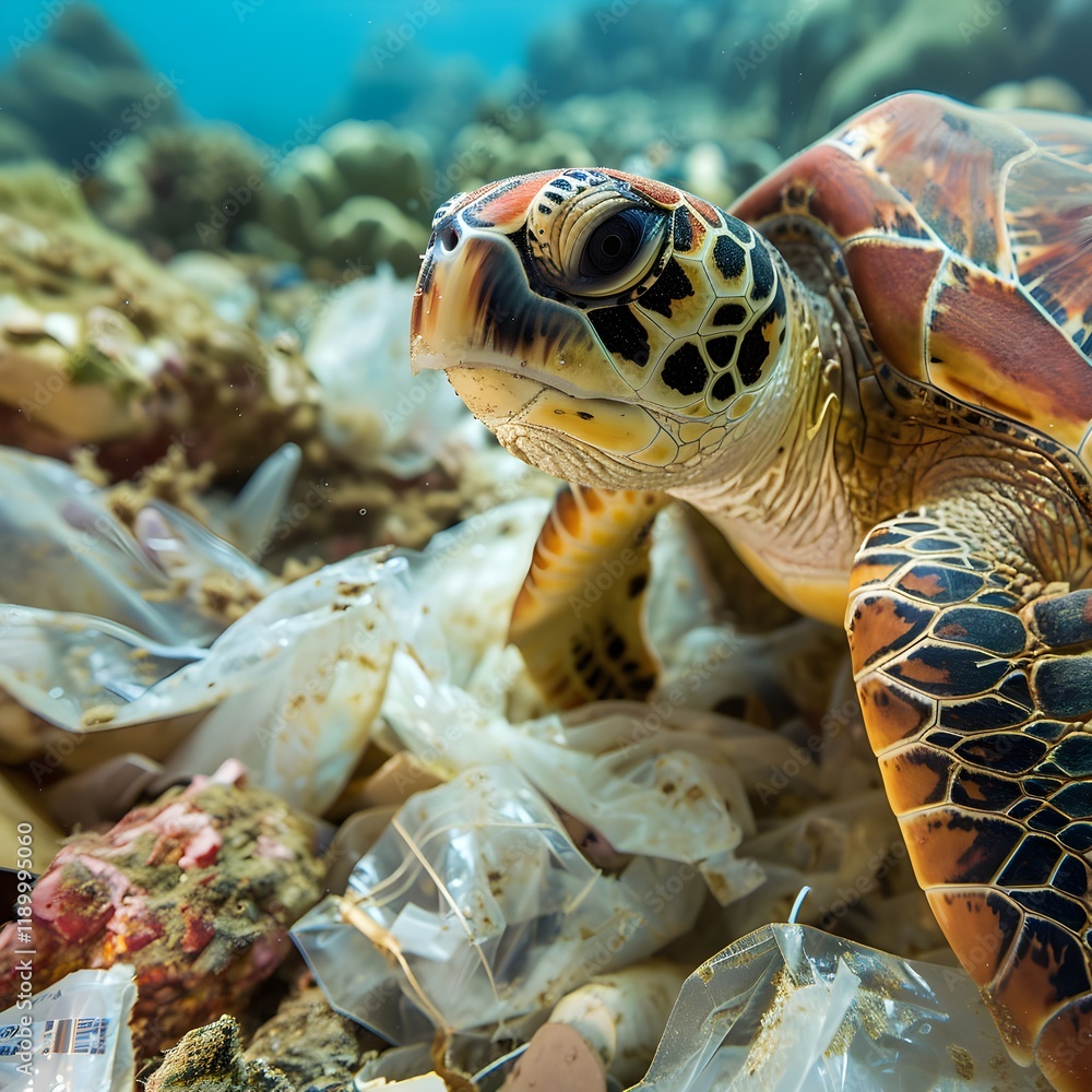 Fototapeta premium Sea turtle swimming in coral reef with plastic pollution and colorful corals