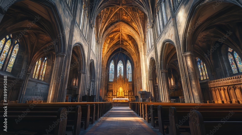 Fototapeta premium Grand church interior, sunlight beams
