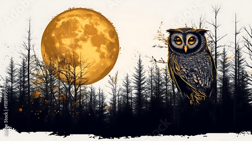 Golden Owl in a Dark Forest Underneath a Yellow Moon