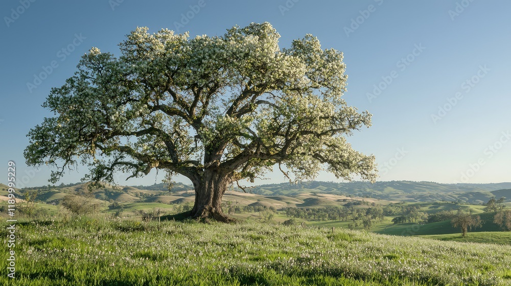 Obraz premium Majestic Oak Tree in Lush Green Landscape under Clear Blue Sky