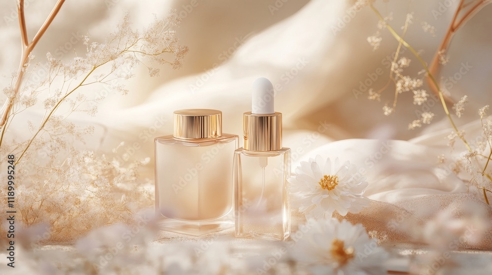 Elegant Transparent Bottles with Aromatic Essence on Soft Background Elegant Transparent Bottles with Aromatic Essence on Soft Background