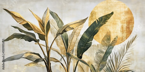 Tropical leaves sunset decor, gold tones, nature background
