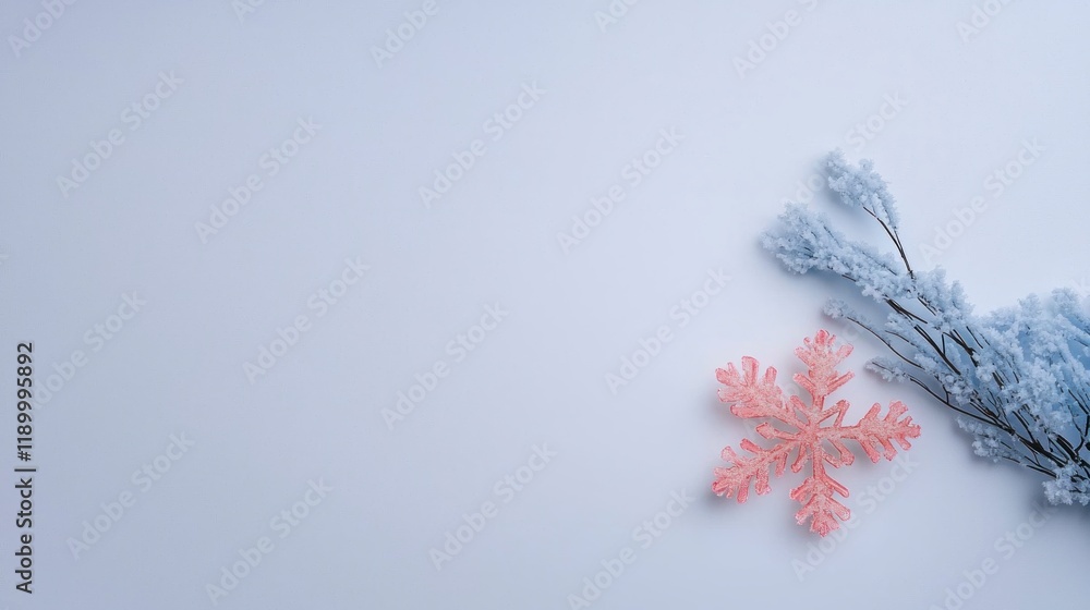 Fototapeta premium Pink Snowflake Frosty Branches on Light Blue Background Winter Holiday Decor