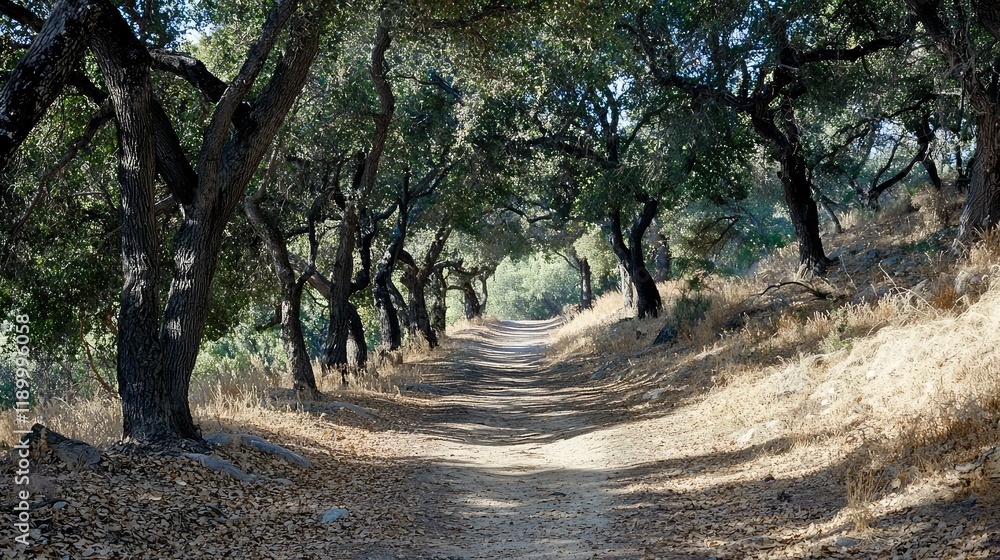 Tranquil Pathway Surrounded by Lush Trees in Natural Landscape Tranquil Pathway Surrounded by Lush Trees in Natural Landscape