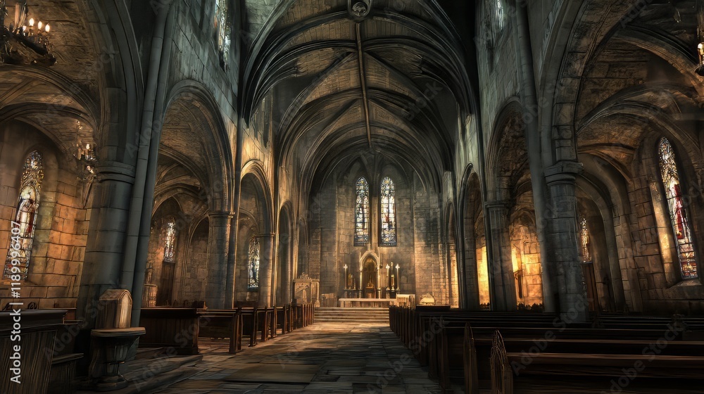 Ancient cathedral interior, stone arches Ancient cathedral interior, stone arches