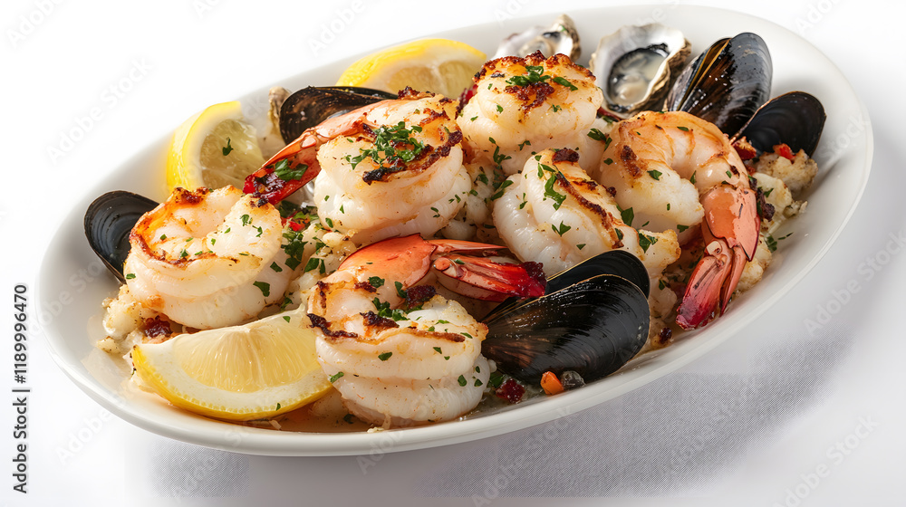 Grilled shrimp and seafood platter with lemon wedges and parsley. Delicious and appetizing seafood dish, perfect for a restaurant menu or culinary blog. Grilled shrimp and seafood platter with lemon wedges and parsley. Delicious and appetizing seafood dish, perfect for a restaurant menu or culinary blog.