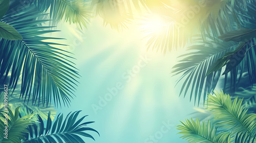 Sunlit blue sky under tropical palm trees